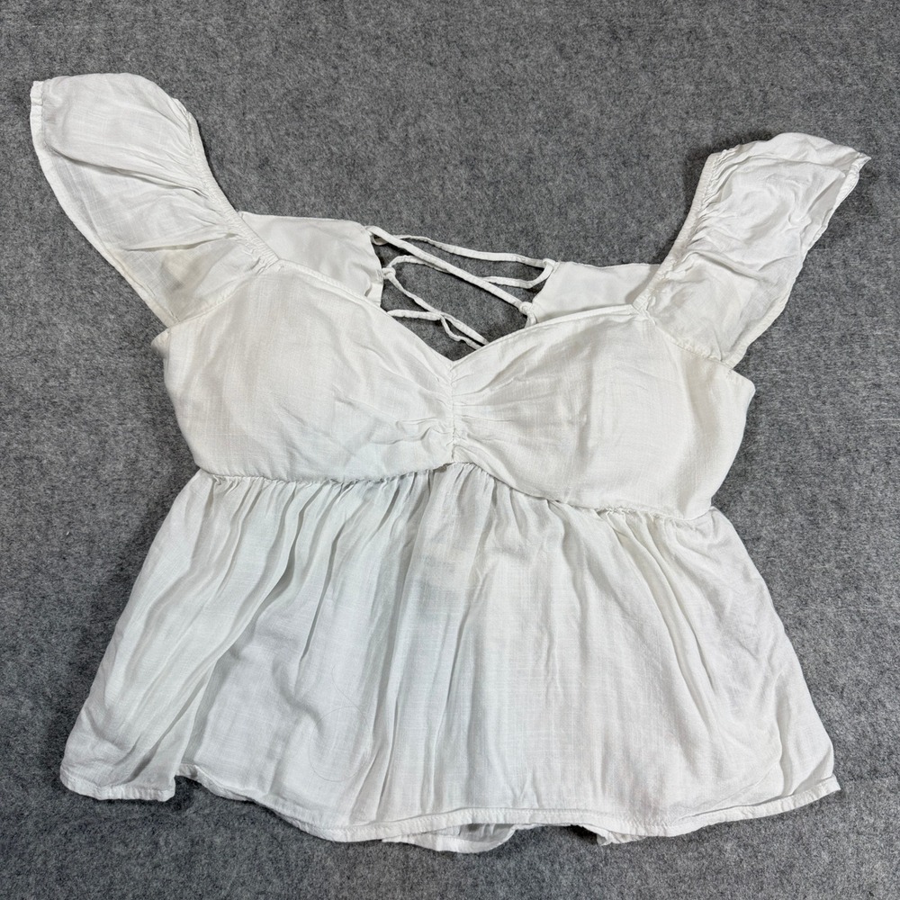 Hollister Women Babydoll Ruffle Top Size M White Lace Up Back Sweetheart Neck